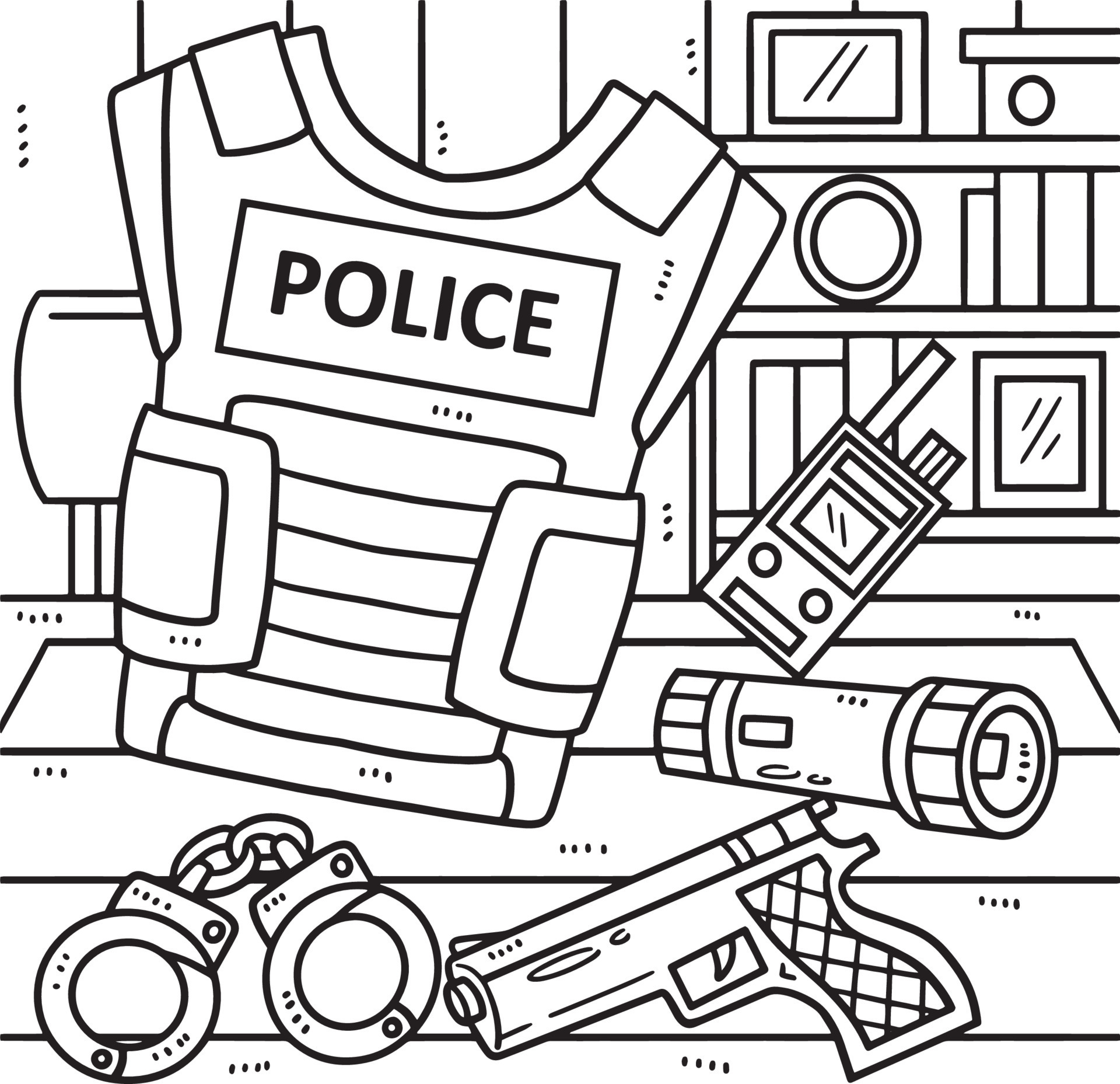police-officer-equipment-coloring-page-for-kids-free-vector