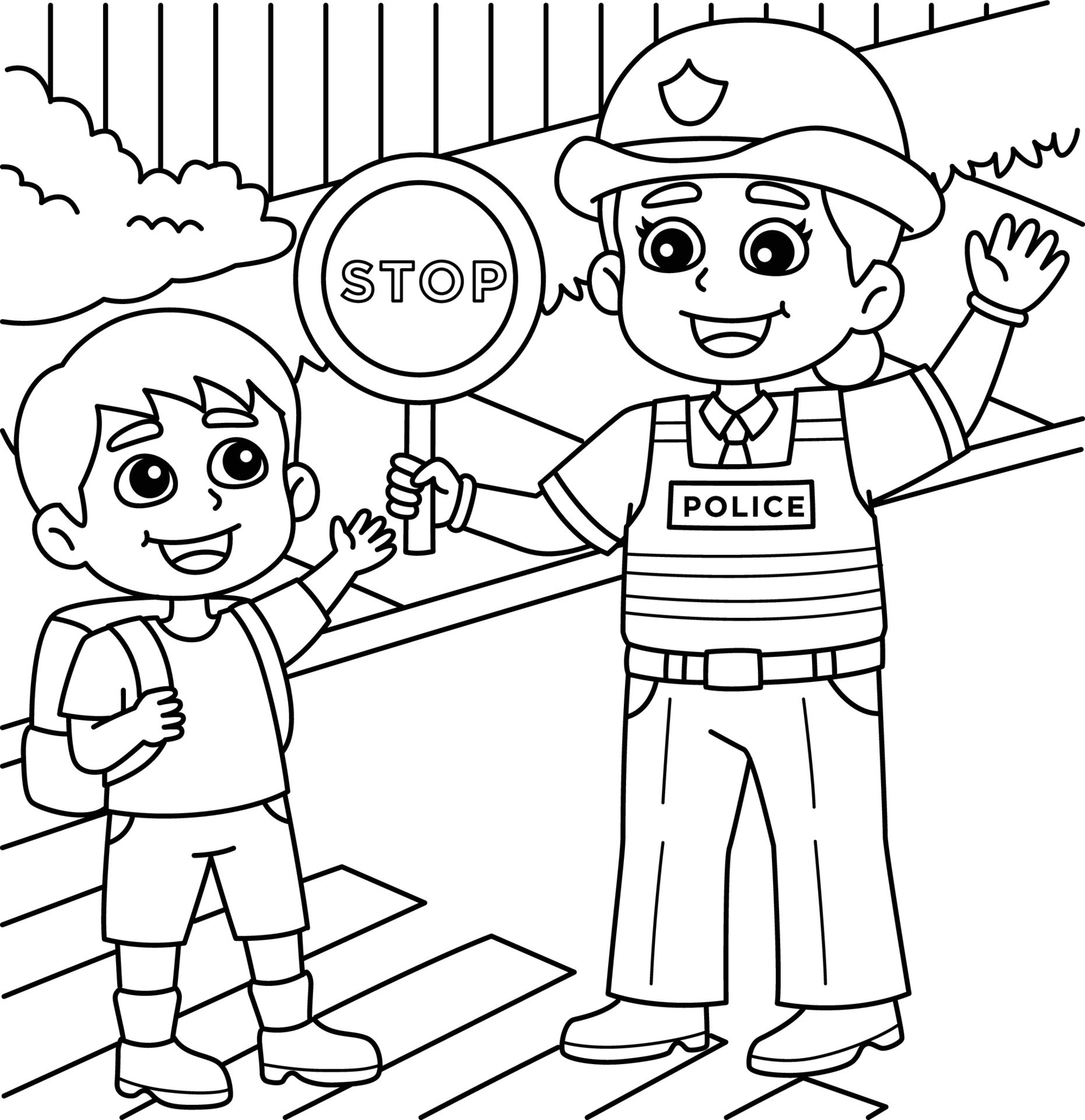 police-traffic-officer-helping-a-kid-coloring-page-free-vector