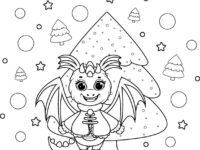 coloring page cartoon dragon with christmas tree vector