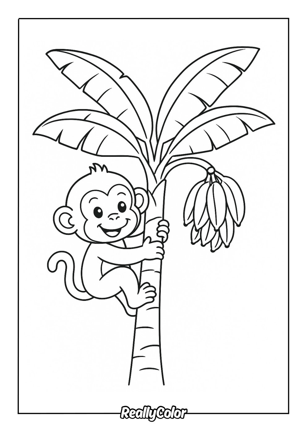 Cute monkey climbing banana tree coloring page