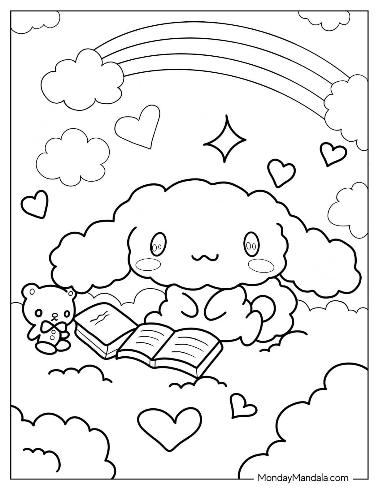 Puffy Cinnamoroll With Books On Clouds Coloring Page